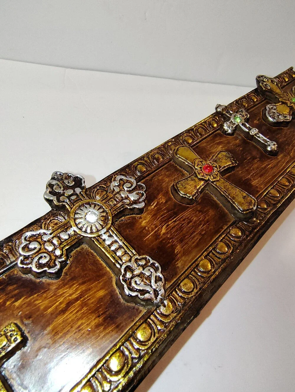 7 Cavity TeaLight Faux Wood Crosses Candle Holder Religious Centerpiece 17